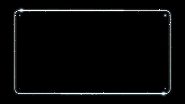 Neon glowing rectangular border frame with animated twinkling particles on black background.