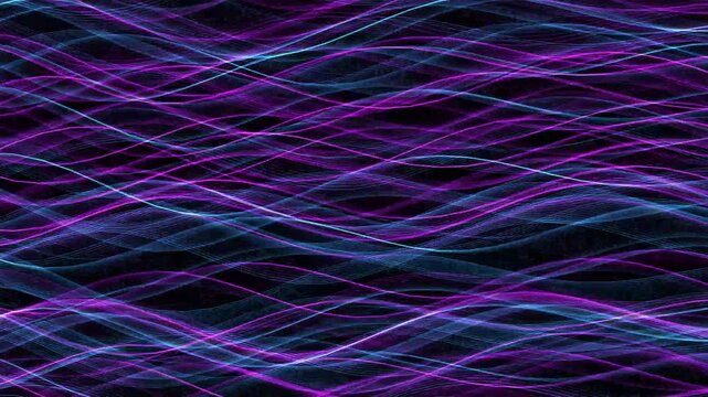 Abstract waves moving with purple and blue glowing lines across dark backdrop cinematic motion.