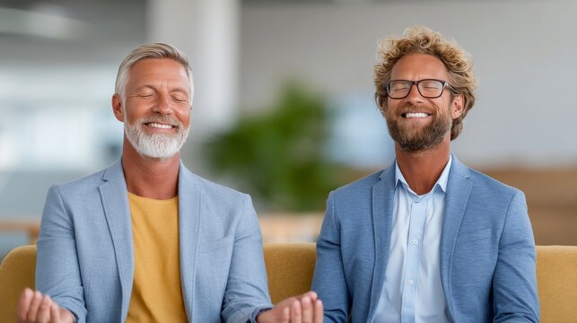 Two smiling businessmen sitting side-by-side with eyes closed in a meditation pose, practicing mindfulness inside a modern office environment.Corporate wellness platforms, mental health and mindfulnes