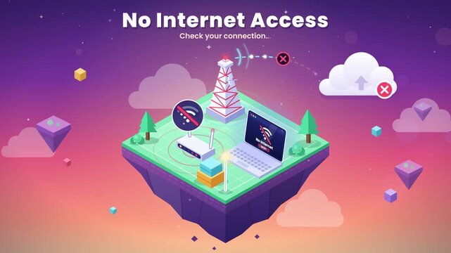 Isometric City with No Internet Access Animation and Network Connection Failure