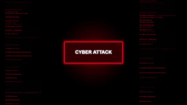Cyber attack warning message displayed on black background with scrolling red binary data code.