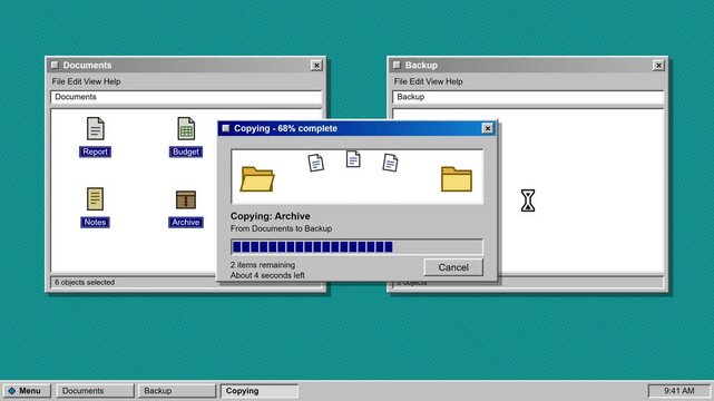 Vintage desktop computer operating system interface with file transfer progress window dialog box
