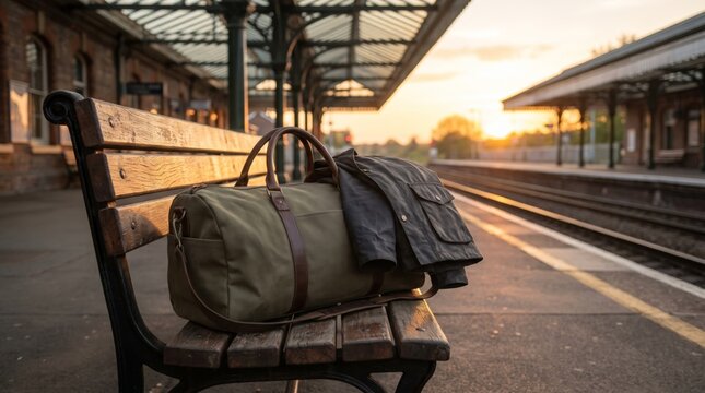 Vintage canvas duffel bag and a jacket resting on a wooden bench at an empty train station platform during golden hour sunset, concept of travel, waiting, journey, and transportation