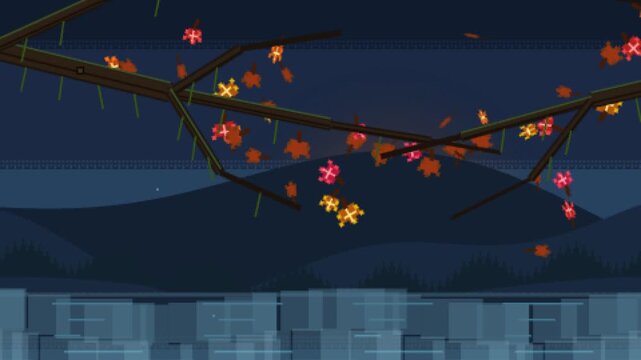 Animated digital landscape of a dark lake at night with geometric falling leaves swirling in a glowing vortex before the foreground branches bloom with radiant green rectangular shapes