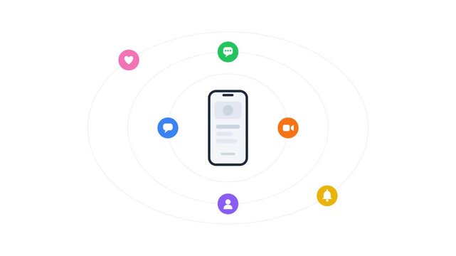 Minimalist flat animation showing colorful engagement icons revolving around a phone screen on a solid white background. Ideal for digital marketing and social networking presentations.