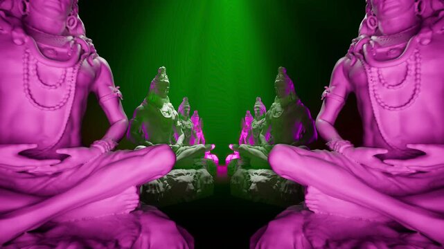 Meditating Statues in Green and Magenta Light