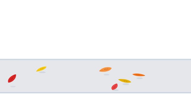 Minimalist animated sequences of colorful red yellow and orange autumn leaves drifting across light horizontal stripes on a white background. Ideal for seasonal video transitions or overlays.