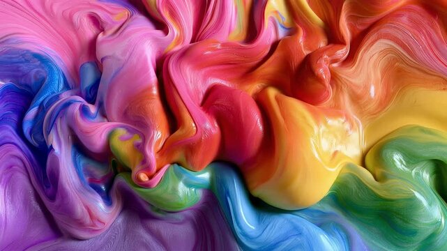 Vibrant abstract rainbow liquid paint background with swirling pink, purple, blue, green, yellow and orange colors, glossy fluid texture and flowing marbled patterns