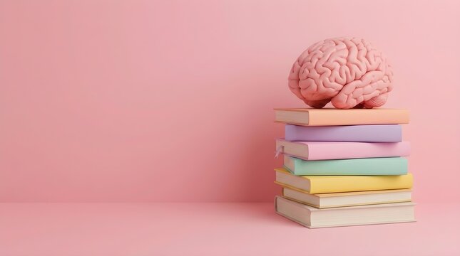 Human Brain Model Resting on a Stack of Colorful Pastel Books for Education and Knowledge Concept