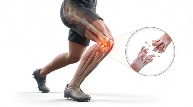 ACL knee injury in athlete twisting leg. 3D medical illustration of knee joint with glowing red torn anterior cruciate ligament and magnified ligament inset, white background