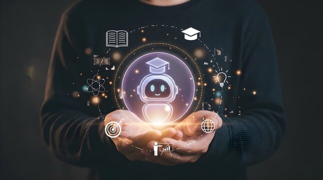 Man holding a glowing artificial intelligence bot icon surrounded by education and learning symbols for future technology concept