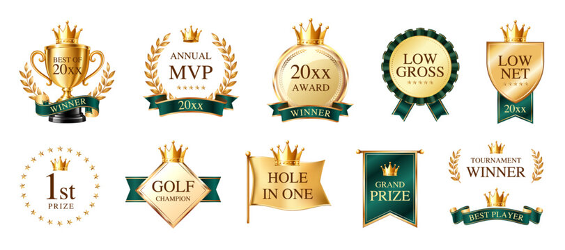 Gold and green golf award emblems and trophy icons set for championship and tournament winners

