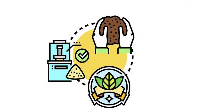 Hands holding soil or produce representing plant testing, a machine processing for quality control, and an emblem of leaves indicating validated agricultural goods meeting health standards