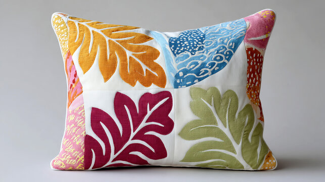 A decorative throw pillow featuring colorful embroidered or printed botanical leaf motifs on a neutral background.Interior design blogs, home decor e-commerce stores, textile design websites