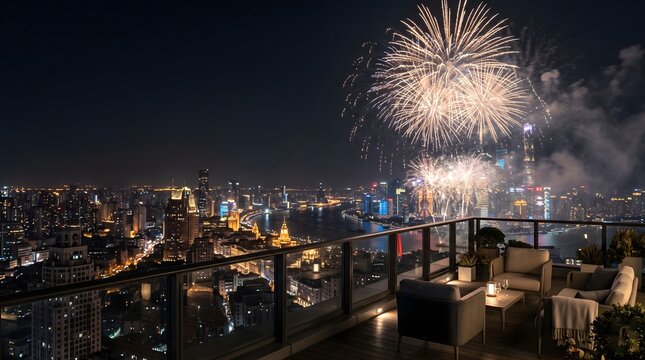 Bright golden fireworks exploding over a sprawling illuminated city skyline viewed from a luxury rooftop terrace with comfortable lounge furniture at night during a vibrant urban celebration event