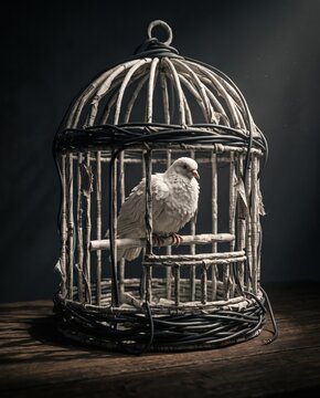 A conceptual image of a white dove inside a birdcage crafted from newspaper and bound with black wires, symbolizing censorship, press control, and restricted freedom.