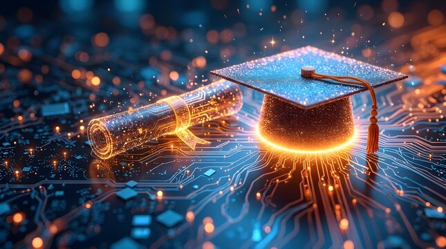 Digital graduation cap and diploma on a glowing circuit board representing online education and technology