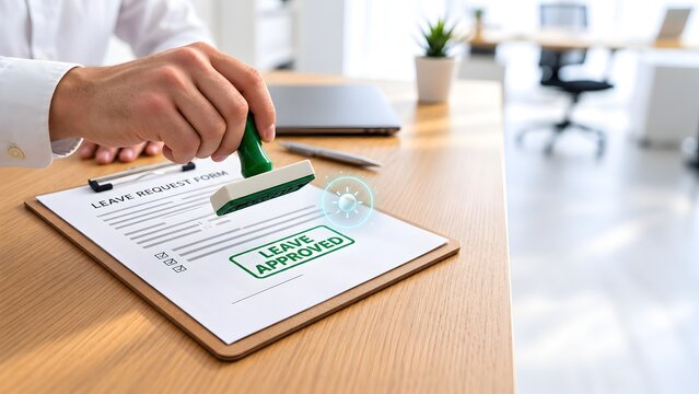 Manager hand stamping leave approved on employee request form with glowing sun hologram