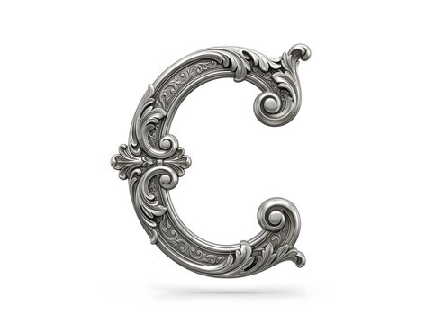 Elegant silver metallic capital letter C featuring ornate baroque scrollwork and decorative filigree engravings isolated on a clean white background