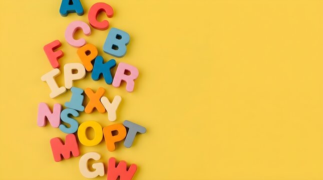 Colorful wooden English alphabet letters scattered on bright yellow background with copy space for education, preschool, and literacy concepts