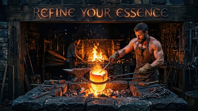 Blacksmith working with glowing metal in a fiery forge, refining his craft