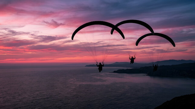 Three silhouetted paragliders flying over the ocean during a purple sunset.