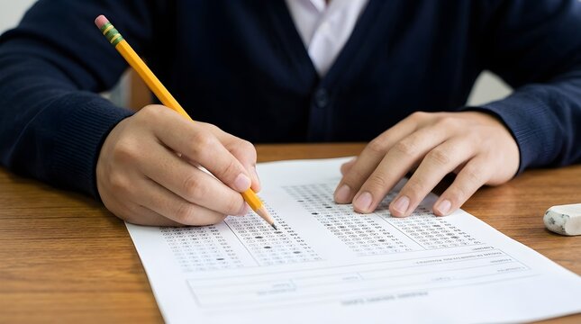 Close-up of a student filling out a multiple choice answer sheet with a pencil during a standardized exam