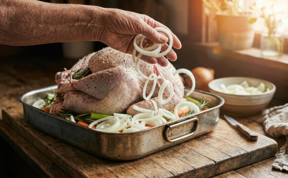 Senior woman preparing raw turkey with onions in roasting pan for thanksgiving dinner holiday meal preparation in rustic kitchen