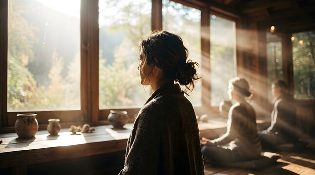 Woman meditating in a peaceful wooden cabin looking out the window as sunlight filters through during a morning retreat