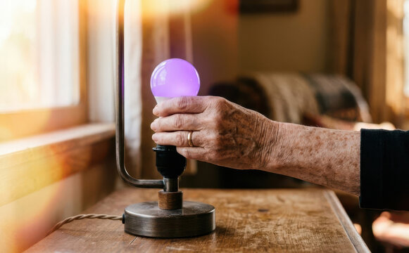 Elderly woman changing a purple smart light bulb in a desk lamp at home, representing senior independent living and home energy efficiency