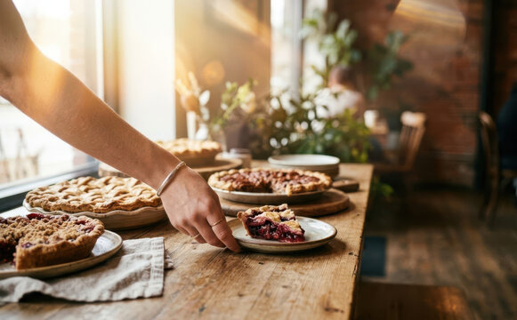 Woman serving slice of homemade berry pie on wooden table at bakery cafe, representing artisanal pastry and rustic cafe lifestyle for food and dining concepts