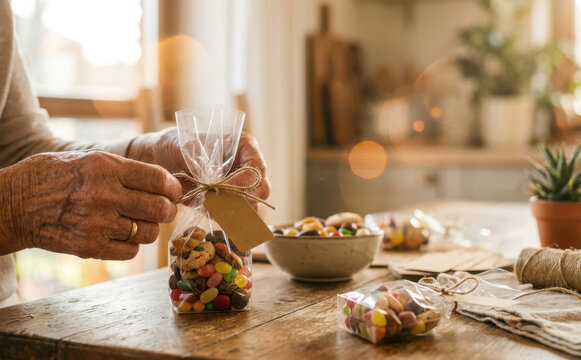 Elderly woman packing homemade cookies and candies into small gift bags for celebration at home