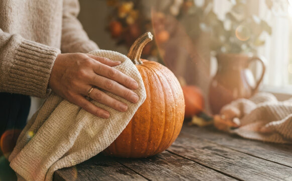 Woman cleaning a fresh orange pumpkin with a kitchen cloth on a rustic wooden table for autumn preparation and cozy harvest decoration