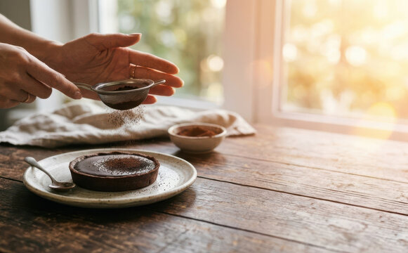 Woman dusting chocolate tart with cocoa powder on rustic wooden table for dessert recipe