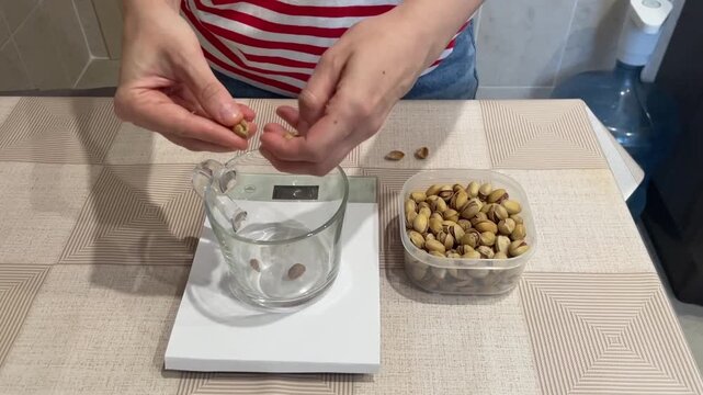 Precise nut measurement, Measuring pistachios carefully for recipes and snacks, Meticulously balancing pistachio quantities in glass bowls with digital precision for baking and snacking