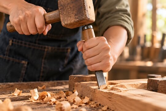 Hands Using Chisel and Mallet for Wood Carving
