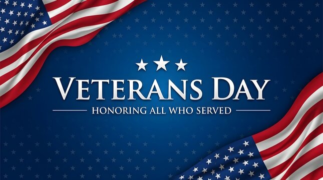 Veterans Day text with American flag corners on a dark blue star background