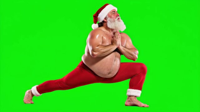 Funny Santa Claus Doing Yoga in Deep Lunge Pose on Green Screen Background, Shirtless Muscular Santa with Big Belly and White Beard Practicing Christmas Fitness