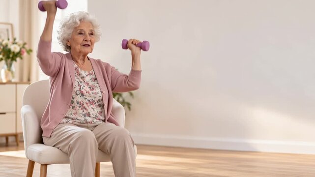 Senior Woman Exercising with Dumbbells While Sitting on Chair at Home, Active Elderly Woman Doing Strength Training for Healthy Aging and Fitness with Copy Space