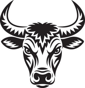 Aggressive bull head with large horns and tribal line art for branding and taurus themed projects.
