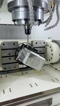 Interior of a five axis CNC milling machining center with rotary table and precision machined component, showcasing advanced multi axis machining technology and high accuracy metal manufacturing.