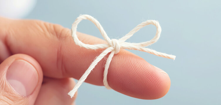 White string tied in a bow around an index finger as a reminder, symbolizing memory, forgetfulness, and important tasks