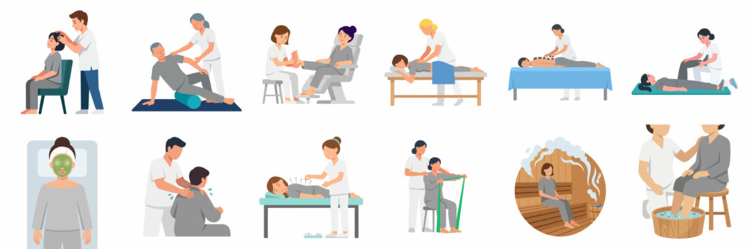 Set of vector illustrations depicting various physiotherapy, wellness treatments, and massage techniques for rehabilitation and health care.