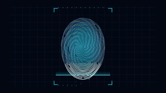 Digital fingerprint scan interface, biometric security technology concept, futuristic glowing blue fingerprint icon on a dark grid background for authentication and identification systems