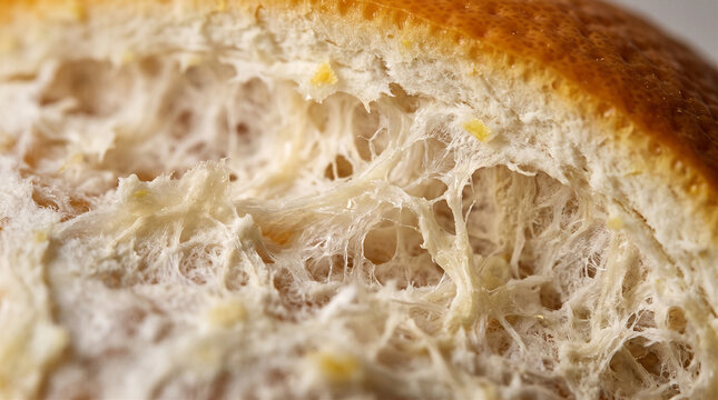 Macro close up of orange pith showing fibrous white texture and bright citrus peel skin