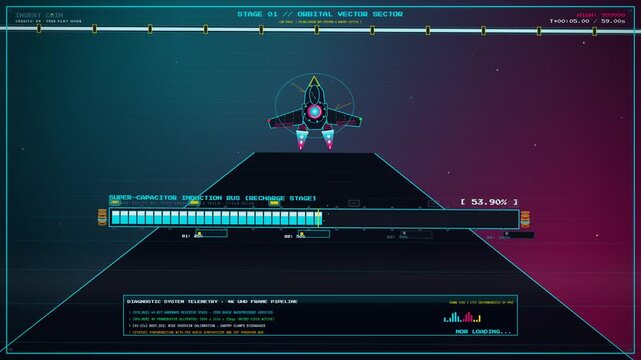 Retro arcade 8-bit style pixel art animation of a spaceship game interface flying on a neon wireframe path with progress bars and telemetry data