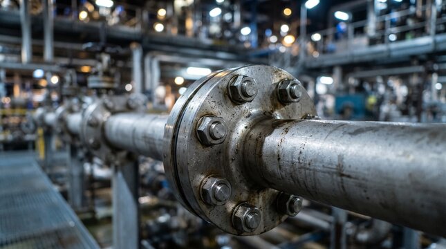 Industrial pipeline connection featuring a heavy duty bolted steel flange in a modern manufacturing facility with complex metallic plumbing infrastructure and atmospheric soft industrial lig