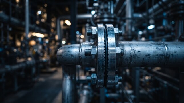 Industrial steel pipe flange connection in a factory setting with metallic finish and bolts featuring dramatic cinematic lighting and shallow depth of field for engineering and manufacturing