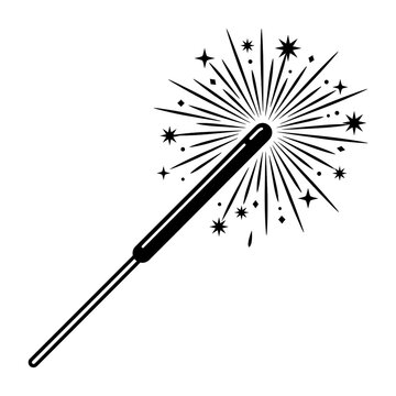 Black and white silhouette icon of a glowing sparkler stick with radiating light bursts and star sparkles for celebration and party design