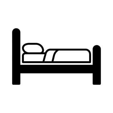 Black and white icon of a single bed with pillow and duvet in a simple clean outline style for hotel and accommodation UI design